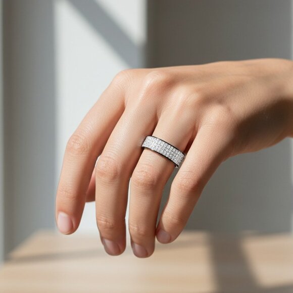 3/$35 Black & Clear Cubic Zirconia Wide Band Ring Stainless Steel Jewelry - Picture 4 of 6